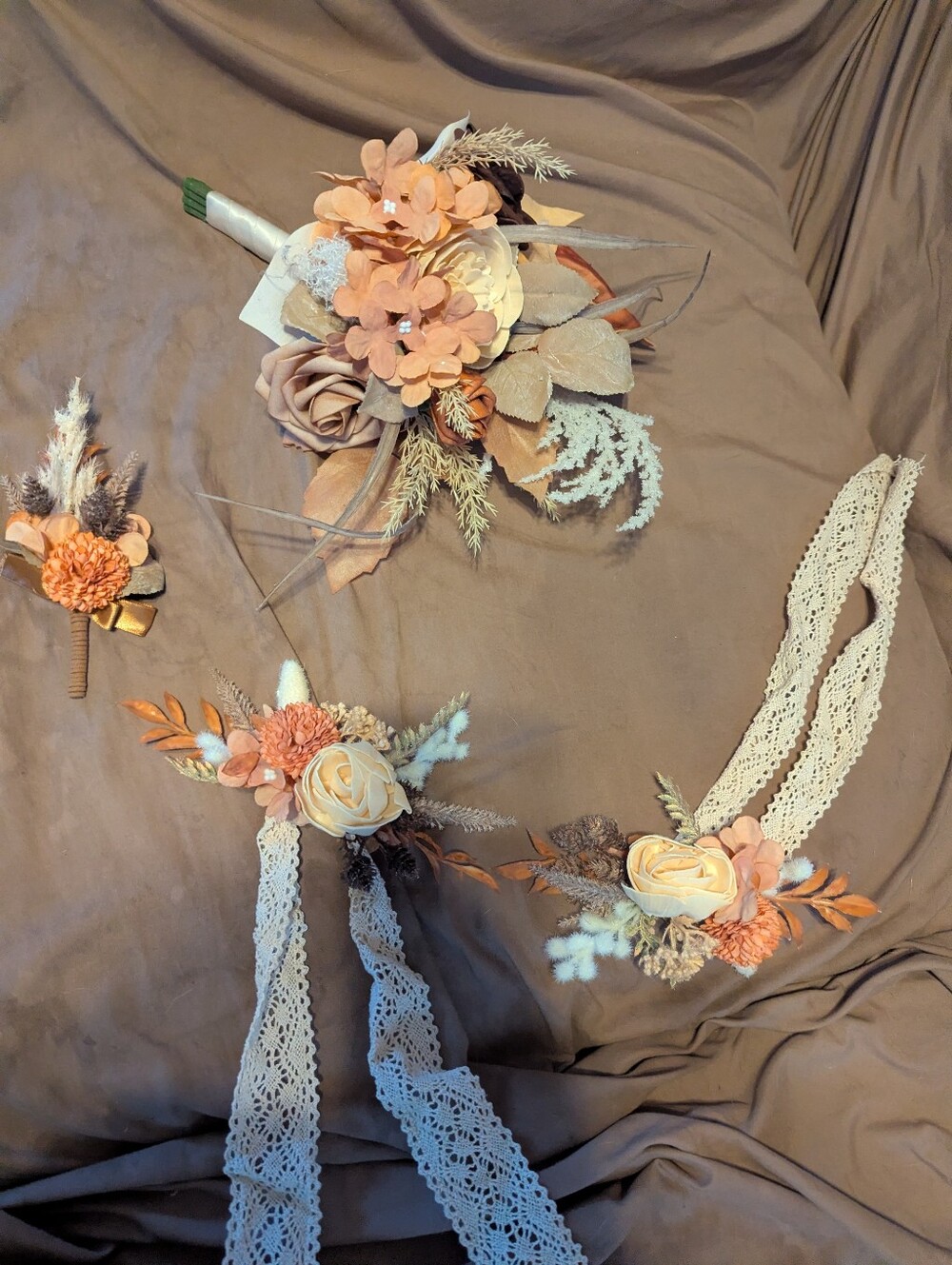 Handmade Peach & Cream Floral Bridal Set with Lace